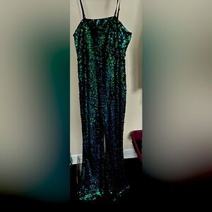 Green & Blue Sequin Jumpsuit with Spaghetti Straps